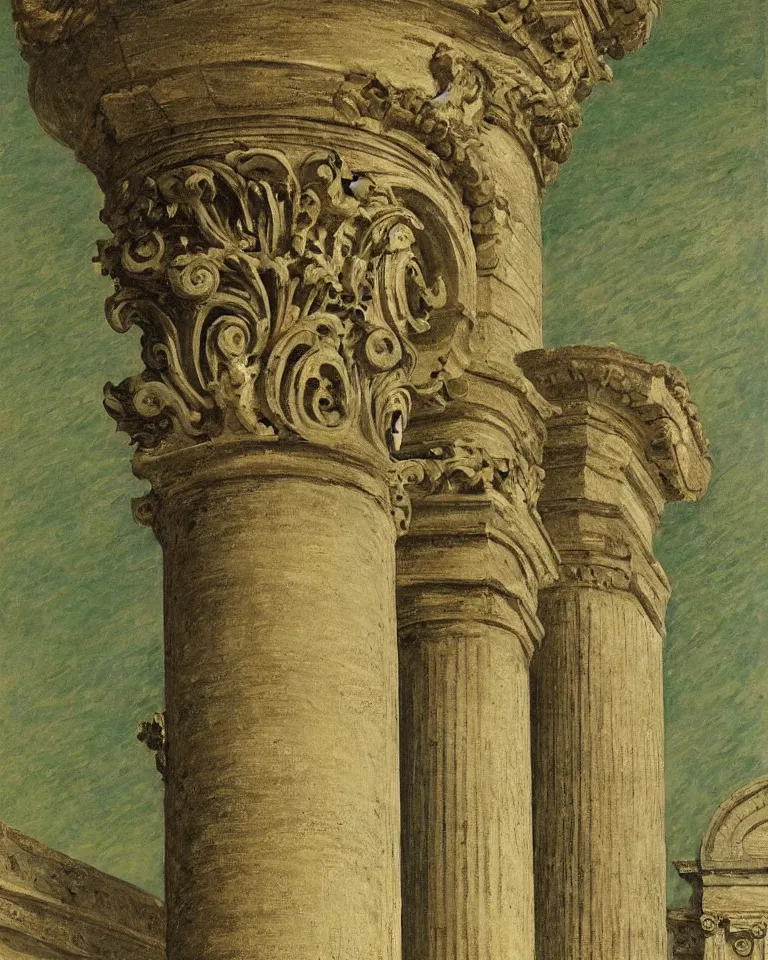 Image similar to achingly beautiful painting of intricate ancient roman corinthian capital on olive drab background by rene magritte, monet, and turner. giovanni battista piranesi.