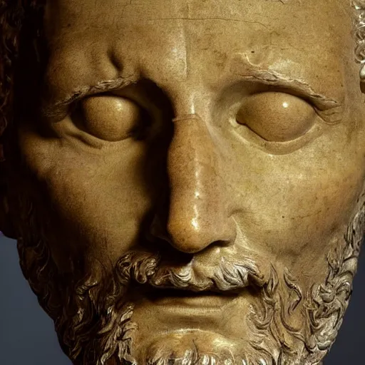 Prompt: Photograph Of face Michelangelo's sculpture, Parts of the face have golden rinds and small cracks