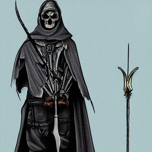 Prompt: a sticker illustration of a man with a skull head in a grey cloak holding his black spear up to the sky, Digital art