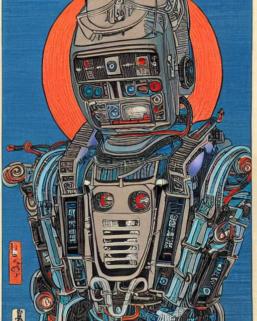 Image similar to Hiroshige portrait of a robot saint made of cables and robotic pod by Jack Kirby