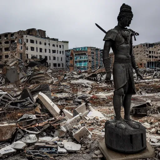 Prompt: statue of a warrior standing in the destroyed city