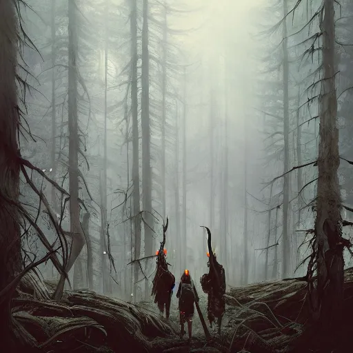Image similar to A highly detailed and realistic illustration of a group of adventurers in a dark and mystical forest, D&D, fantasy, nocturnal, spooky, intense, focused, Enigmatic, oil painting, digital art, artstation, 3D, by Maciej Kuciara and Simon Stålenhag