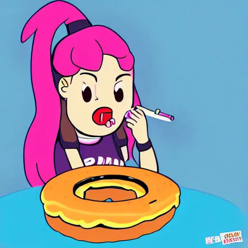 Image similar to Mabel Pines, gravity falls character, eating a donut, colourful, drawing, masterpiece, high detail, digital art