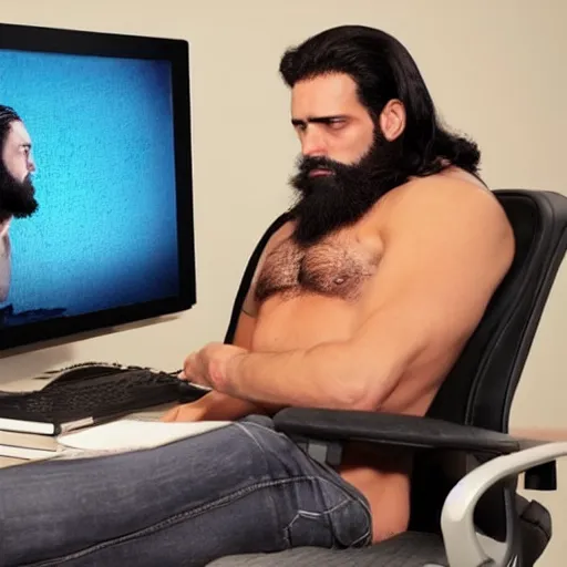 Image similar to a chad with wavy black hair and a beard. muscular. godlike. using a computer.
