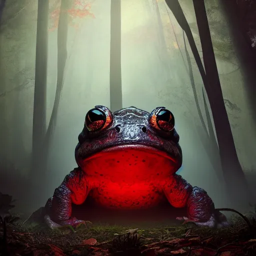 Image similar to giant evil monsterous toad in the dark forest, glowing red eyes, toads, foggy, atmospheric, highly detailed, hyperrealistic, gothic horror, trending on artstation, digital art, dark fantasy
