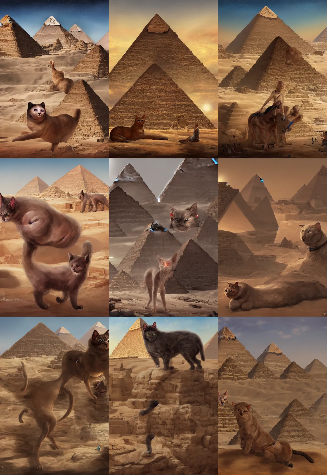 Prompt: a painting from a giant hairless cat in the middle of the pyramids of egypt, concept art, artstation digital art. 4 k