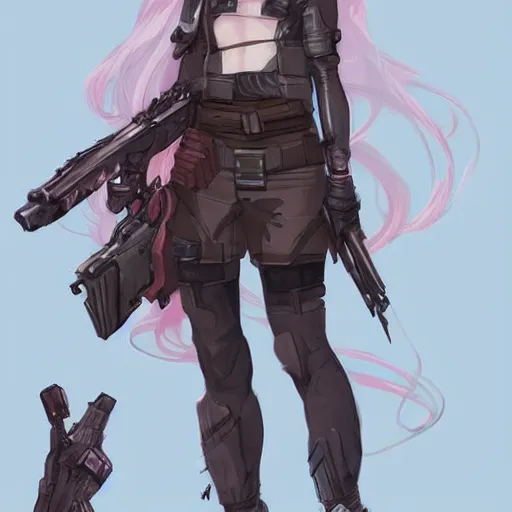 Image similar to character sheet of a incredibly cute and lovely girl weaponry expert, digital art by wlop. character design concept art. artstation contest winner, blade runner, scifi, candy girl