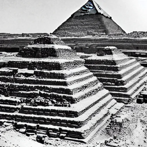 Image similar to egyptian pyramids under construction by an ancient racist alien