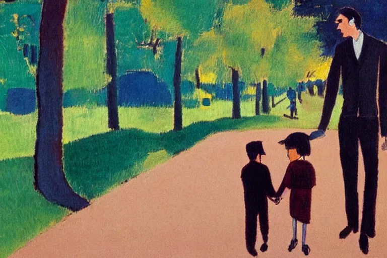 Image similar to a very tall man with dark hair holding the hands of a short young boy with dark hair as they walk down a suburban highway on a bright beautiful colorful day. part in the style of an edgar degas painting. part in the style of david hockney