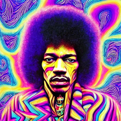 Image similar to An extremely psychedelic portrait of Jimi Hendrix, surreal, LSD, face, detailed, intricate, elegant, lithe, highly detailed, digital painting, artstation, concept art, smooth, sharp focus, illustration