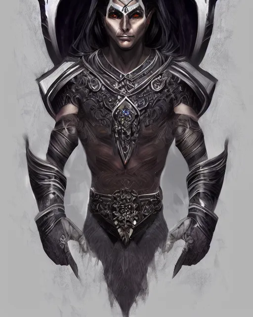 Image similar to a handsome noble male dark elf, obsidian skin, jewels, gemstones, silk, fantasy, intricate, elegant, highly detailed, digital painting, artstation, concept art, sharp focus, illustration