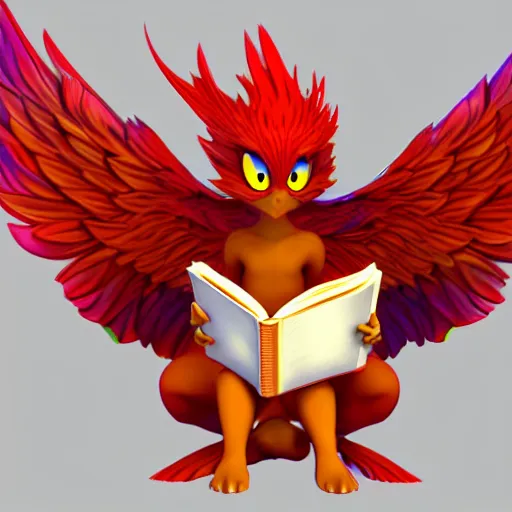 Prompt: A small cute adorable phoenix reading a book at a university digital art raytracing 3D