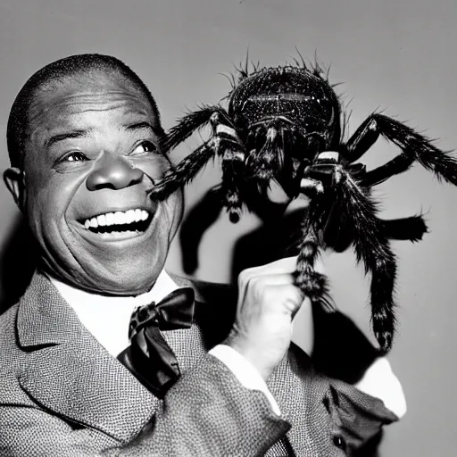 Image similar to louis armstrong winking and holding a giant hairy spider, professional photograph