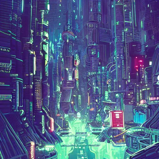 Image similar to astronaut cyberpunk surreal upside down city neon lights moebius