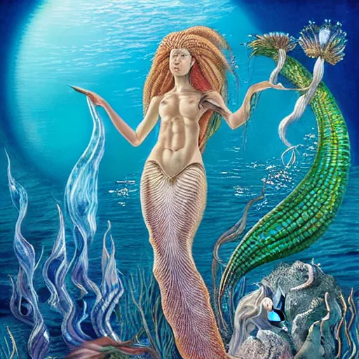 Image similar to hyperrealism, intricate detail, gilbert williams and sandro botticelli portrait of tan sumerian mermaid goddess atargatis, techno mystic goddess princess intergalactica, with aqua neon rapunzel dreadlocks adorned in seashells, near crystal temple in atlantis, iridescent dolphins swimming in the sea, unicorn flying in the sky, paleozoic atlantis