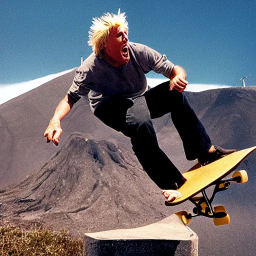 Image similar to gary busey doing a sweet skateboard trick off the lip of a volcano, movie still