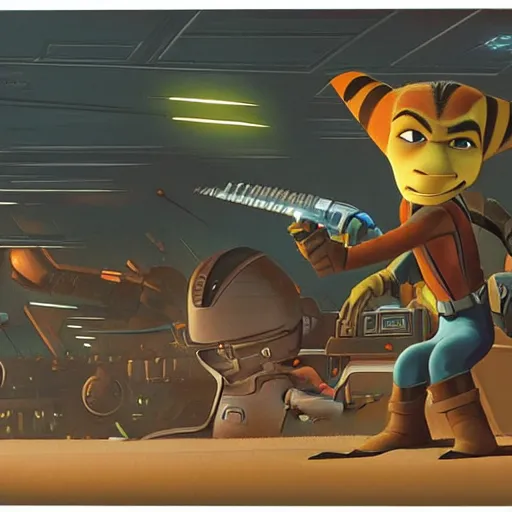 Image similar to ralph mcquarrie concept art for ratchet & clank, matte scene