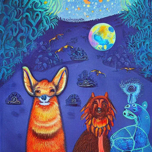 Image similar to animals in the midnight zone, when you own the world you're always home. beautiful and detailed painting by dani luvico ( 1 9 7 5 ).