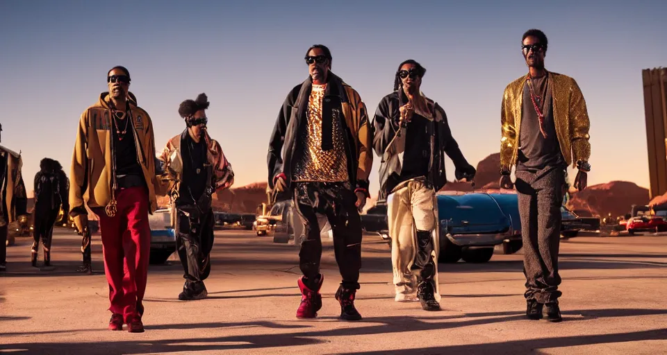 Prompt: first image afrofuturistic heist movie starring eddie murphy, snoop dogg and chris rock, sundance official selection. shot on the las vegas strip with alexa mini, stunning cinematography, golden hour, filmgrain.