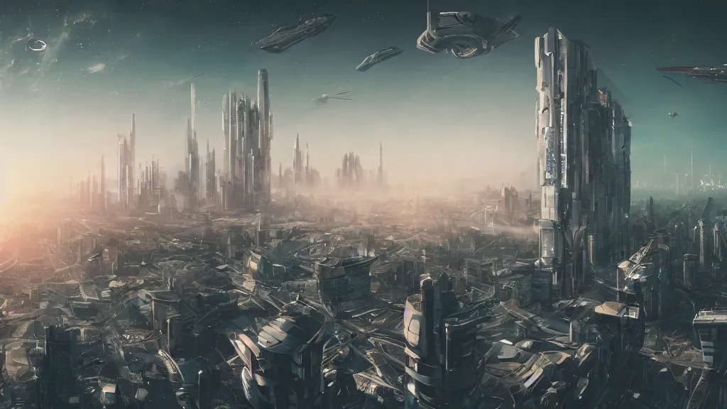 Prompt: The futuristic sci-fi city has tall brutalist architecture buildings, some giant spaceships are flying over the city, the background has a detailed heavenly and iridescent light from nebulas, this is afroxen planet and ice is everywhere, even building are made by ice, panoramic view, cyberpunk, vaporwave, matte painting, concept art, dramatic lighting, golden hour, 4k, 8k, trending on Artstation, realistic
