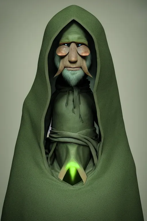 Image similar to A cute shaman with no nose, glowing eyes and a very long hooded dark green cloak of leaves by Julien Kaspar, 3D render, stylized, Cycles Render