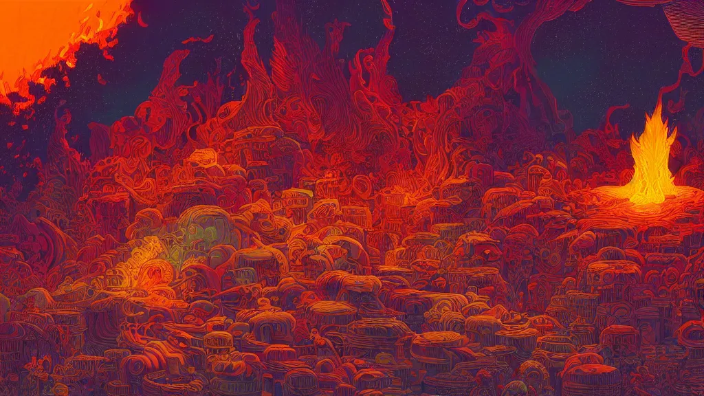 Prompt: highly detailed illustration of an amazing colorful fire in the middle of the night by kilian eng, moebius, nico delort, oliver vernon, joseph moncada, damon soule, manabu ikeda, kyle hotz, dan mumford, otomo, 4 k resolution