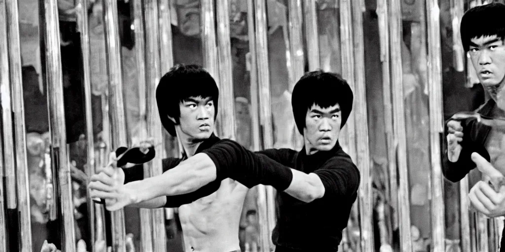 Image similar to bruce lee holding his nunchucks in a hall of mirrors, hyperreal, in the style of enter the dragon