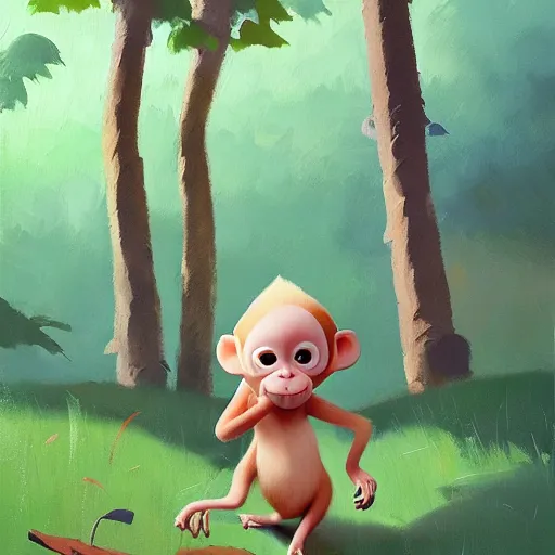 Image similar to goro fujita ilustration a real life baby monkey walking in the forest, painting by goro fujita, sharp focus, highly detailed, artstation