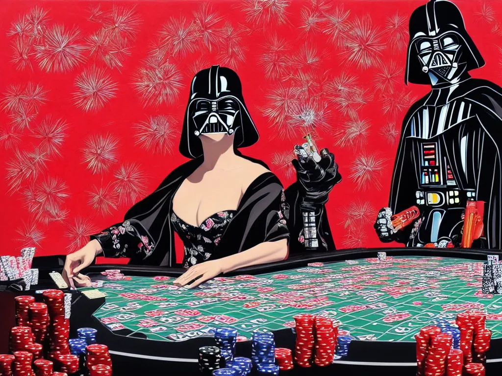 Image similar to hyperrealism composition of the detailed woman in a japanese kimono sitting at an extremely detailed poker table with darth vader, fireworks on the background, pop - art style, jacky tsai style, andy warhol style, acrylic on canvas