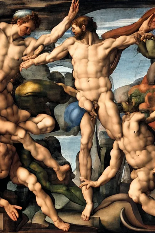 Prompt: creation of adam by michelangelo, cyborg and human, ultra detailed,