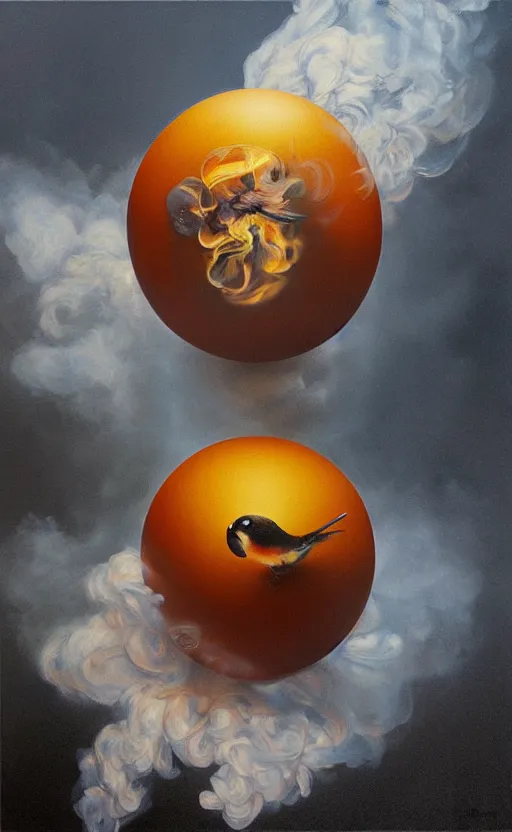Prompt: an ultra fine detail painting of a round floating bird with a lot of smoke coming out of it, an airbrush painting by Ron English, by Marco Mazzoni, by Brian Despain, cgsociety, hyperrealism, airbrush art, hyper realism, oil on canvas, nuclear art, pop surrealism