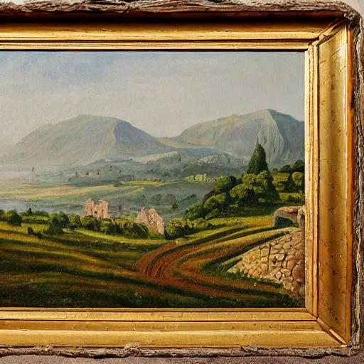 Image similar to highly detailed painting of a cliff side, at the bottom is a vineyard, in the distance you can see an ancient army with flags on the move, thick brush strokes, visible paint layers.