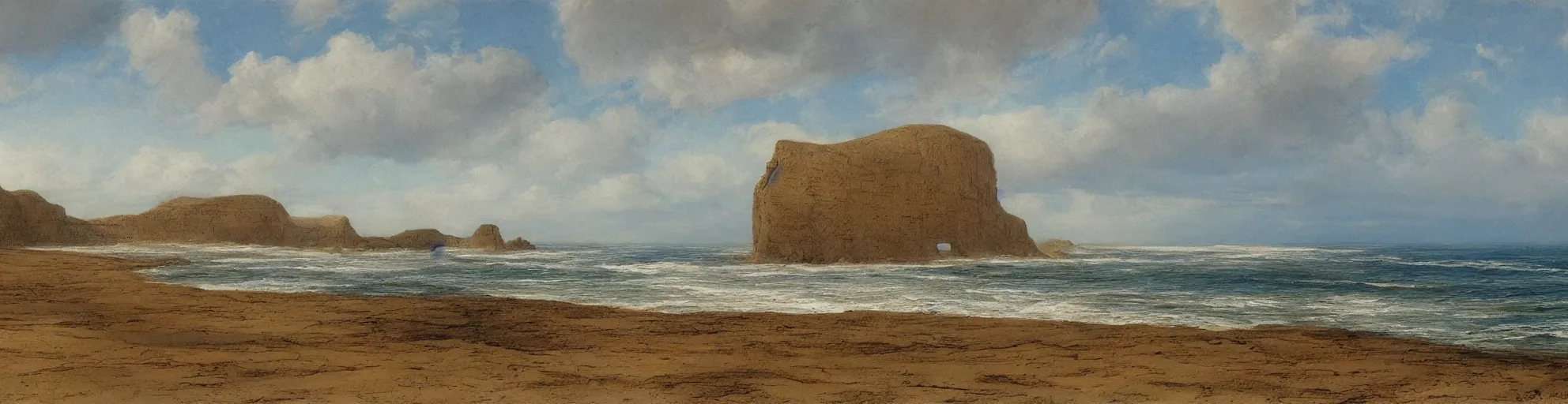 Prompt: painting of long sand beach and cliffs by john howe