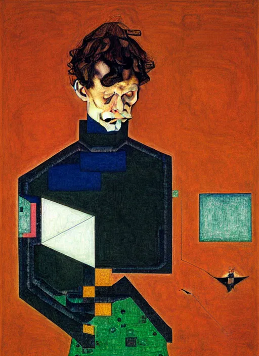 Image similar to creative coder with a computer in geometric harmony, by egon schiele and quint buchholz, portrait, colorful, escher, detail