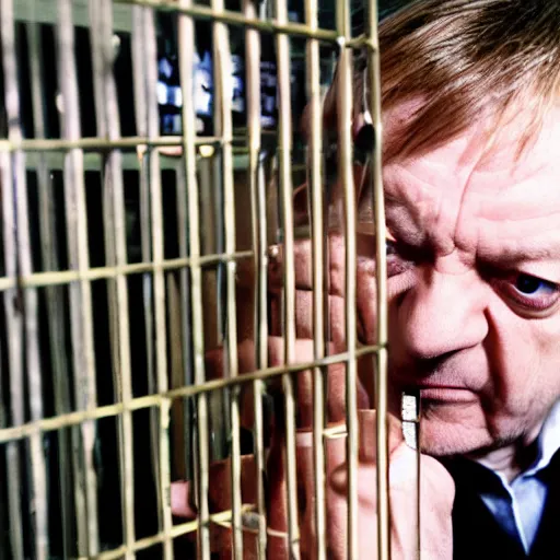 Image similar to mark e smith in a small cage at the pet store, the cage has for sale tag, 4 k