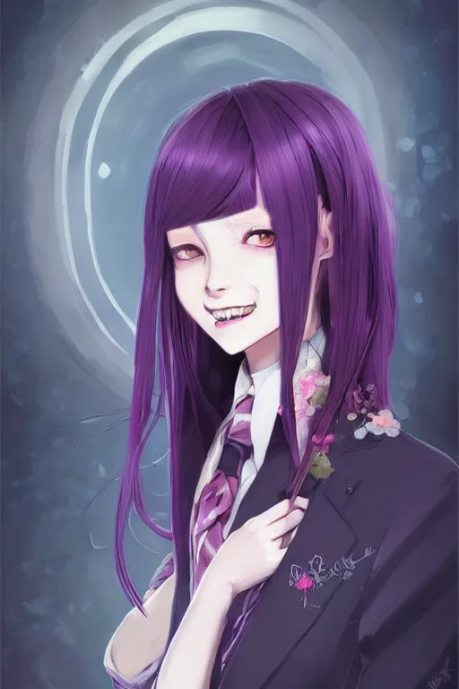 Image similar to urban school vampire girl in fancy clothes fanart, dark purple long hair, muted colors, matte print, pastel colors, ornate, digital art, cute smile, digital painting, fan art, elegant, pixiv, by Ilya Kuvshinov, by Studio Ghibli