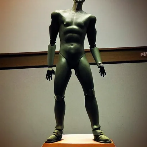 Image similar to “a realistic detailed photo of a guy who is an attractive humanoid who is half robot and half humanoid, who is a male android, American freestyle and folkstyle wrestler from Oklahoma AJ Ferrari, shiny skin, posing like a statue, blank stare, at college, on display”