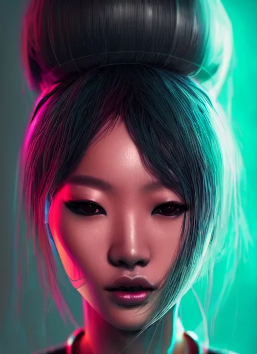 Prompt: photorealistic portrait of female asian humanoid, cyber neon lights, highly detailed, cyberpunk fashion, elegant, crispy quality, trending in artstation, trending in pinterest, glamor pose, no signature, no watermark, cinematic, art by pascal blanche