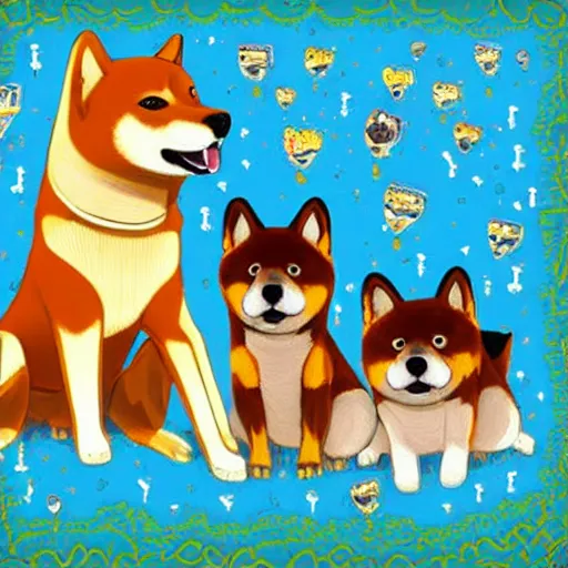 Prompt: expensive birthday card with happy shiba inu dogs singing, Nintendo game art, Hayao Miyazaki, intricate detail, illustration, beautiful lighting,