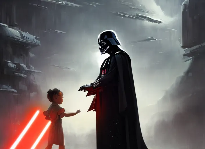 Image similar to a dramatic highly detailed render of darth vader facing off against a cute corgi, futuristic star wars vibe, by WLOP and Artgerm and Greg Rutkowski and Alphonse Mucha, Beautiful dynamic dramatic dark moody lighting, shadows, cinematic atmosphere, Artstation, concept design art, Octane render, 8K, masterpiece, sharp focus, hyperrealistic