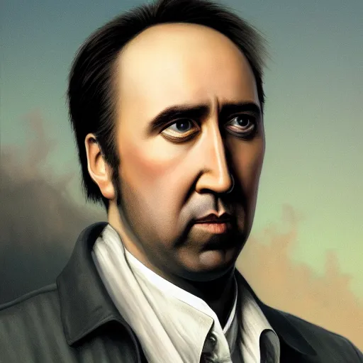 Image similar to Portrait of a Nic Cage , art by Albert Bierstadt and James Gurney, highly detailed, digital painting, matte painting, concept art, illustration, oppressive lighting, trending on artstation, very detailed