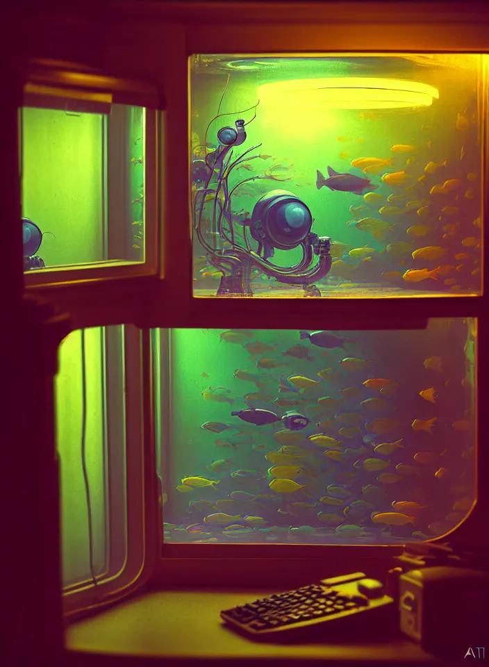 Image similar to telephoto 7 0 mm f / 2. 8 iso 2 0 0 photograph depicting the feeling of chrysalism in a cosy safe cluttered french sci - fi ( art nouveau ) cyberpunk apartment in a pastel dreamstate art cinema style. ( typing ) ( ( fish tank ) ), ambient light.