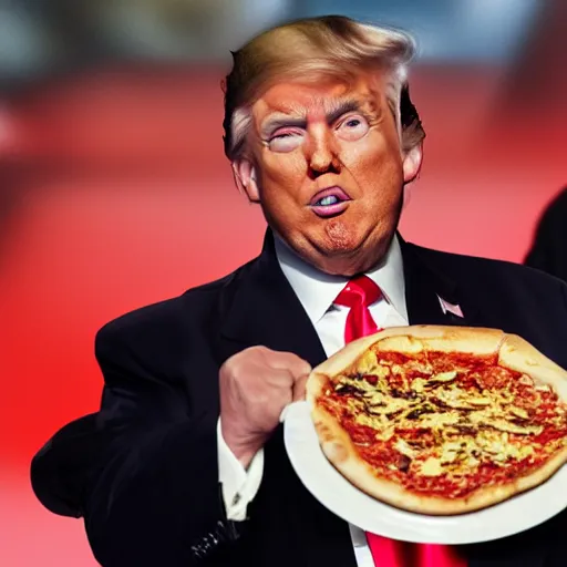 Prompt: donald trump robing pizza from someone else