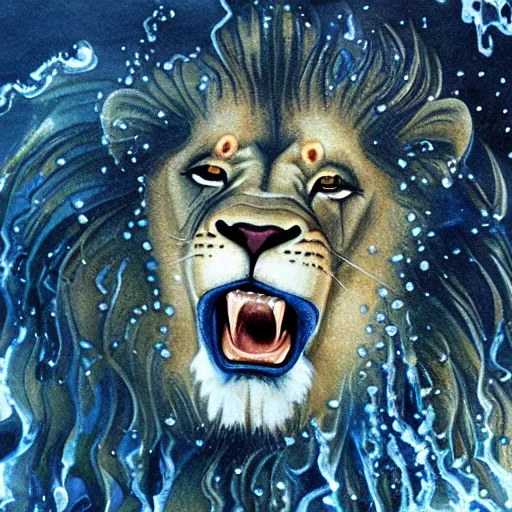 Image similar to a male lion's face breaching through a wall of water, water sprites, splashing, deep blue water color, highly detailed