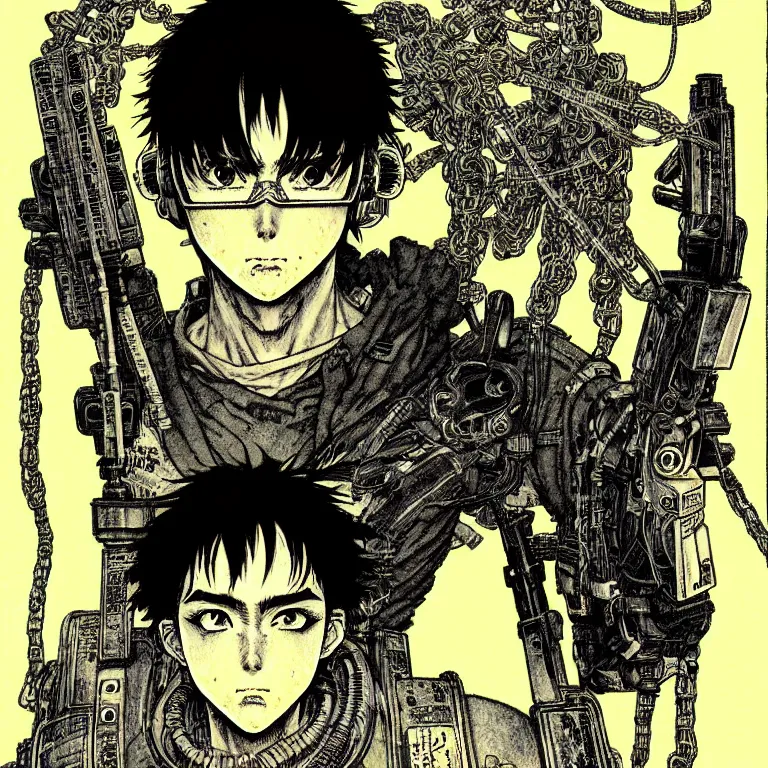 Image similar to cursed illustration of cyberpunk wired hunter, manga style of kentaro miura, by norman rockwell, weirdcore