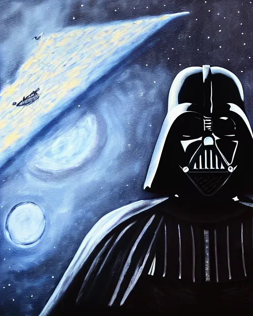 Prompt: acrylic painting portrait of darth vader in a star destroyer looking into outer space, view from behind, high production value, intricate details, high resolution, hdr, high definition, masterpiece, realistic, ultrarealistic, highly detailed, hd, sharp focus, non blurry, sharp, smooth