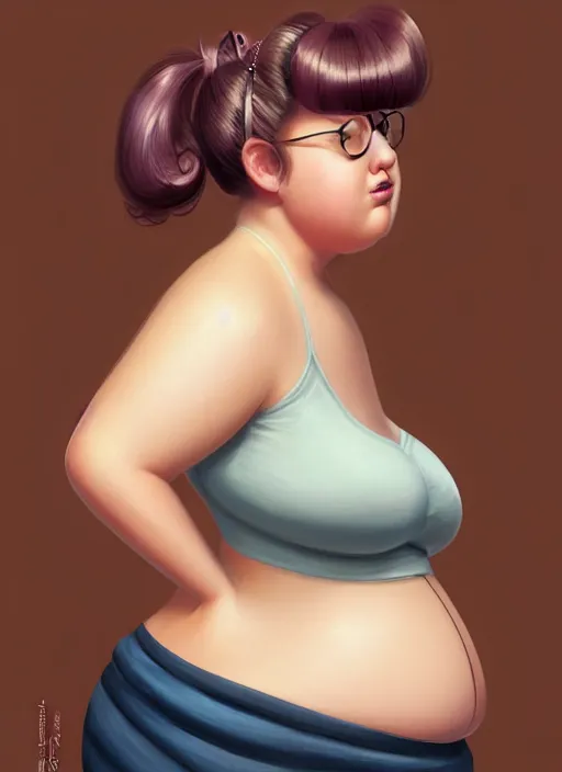 Image similar to full body portrait of teenage betty cooper, obese, bangs, ponytail, sultry, realistic, sultry smirk, ponytail hairstyle, fluffy bangs, curly bangs, skirt, fat, belly, intricate, elegant, highly detailed, digital painting, artstation, concept art, smooth, sharp focus, illustration, art by wlop, mars ravelo and greg rutkowski