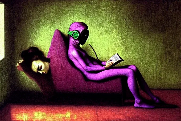 Prompt: girl with wearing a gas mask lying on the sofa reading a book in her room, in the style of beksinski, peaceful, calm, atmospheric, intricate and epic composition, green by caravaggio, insanely quality, highly detailed, masterpiece, purple light, artstation, 4 k