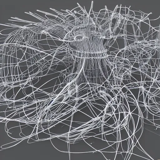 Image similar to flying spaghetti monster creating spaghetti code, 3d render