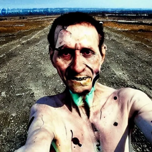 Image similar to last selfie of last alive ukrainian very damaged body to bones running from nuclear strike, a nuclear explosions in the background, dead bodies everywhere, 2 0 2 2